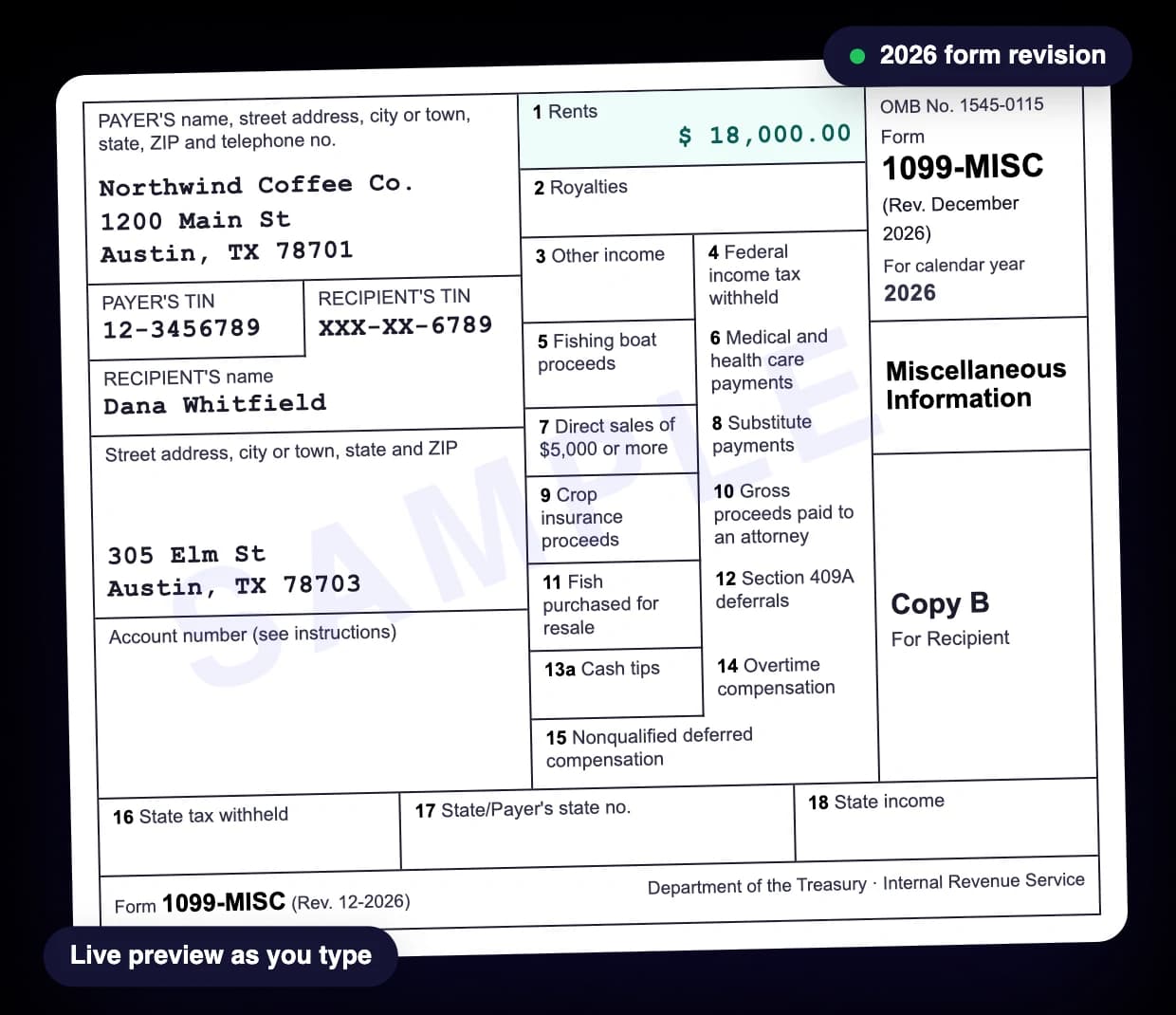 Form 1099-MISC preview from the Online Paystub 1099-MISC generator with rent entered in Box 1