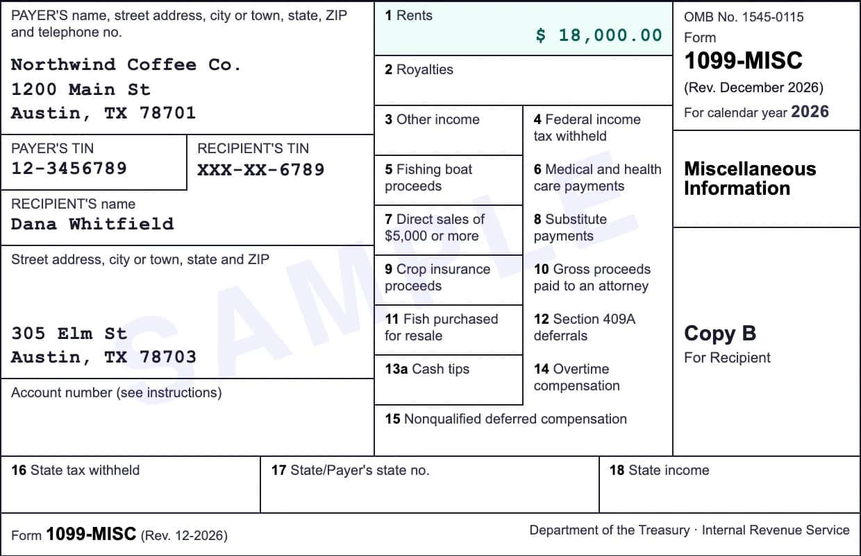 Sample Form 1099-MISC for calendar year 2026 showing $18,000.00 of rent in Box 1 paid by Northwind Coffee Co. to a landlord