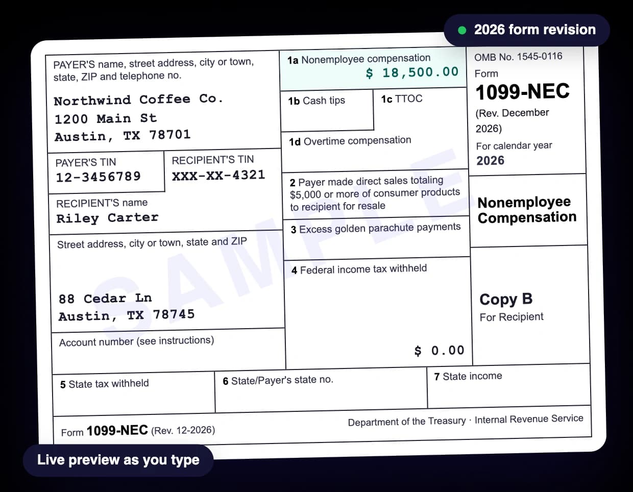 Form 1099-NEC preview from the Online Paystub 1099-NEC generator with Box 1a filled in