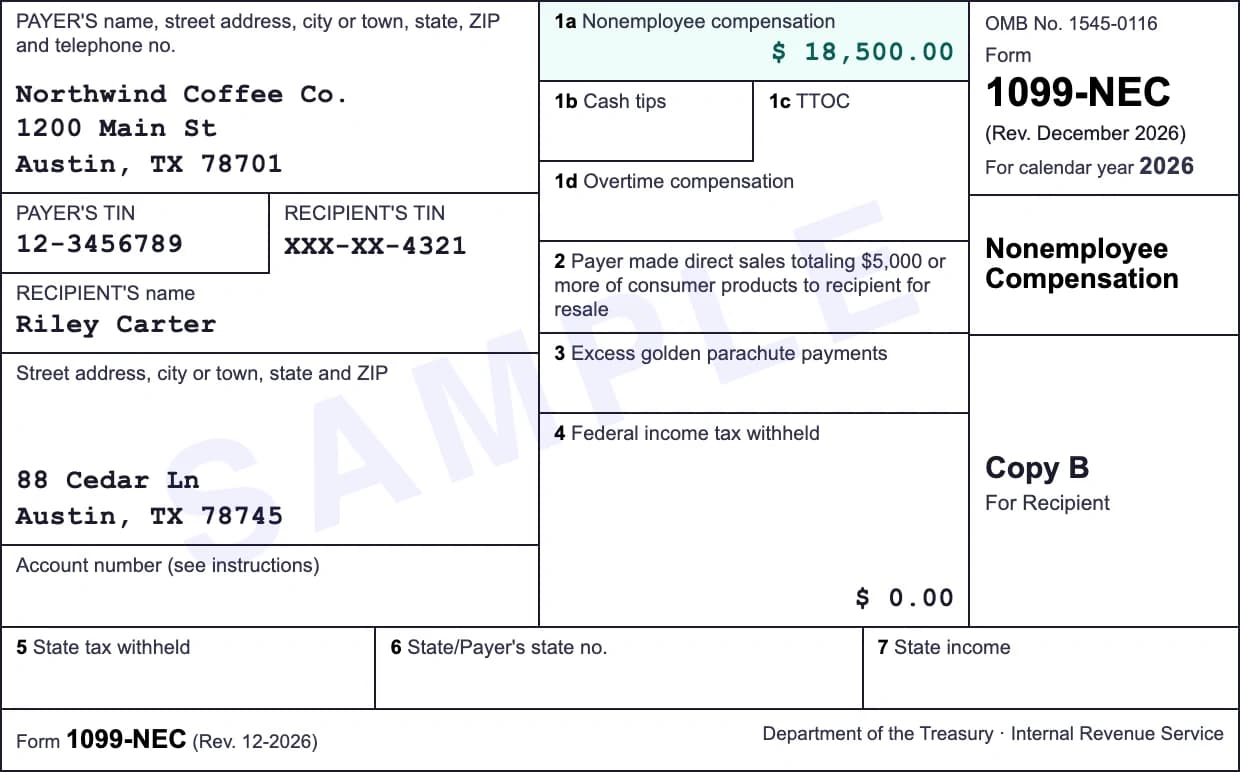 Sample Form 1099-NEC for calendar year 2026 showing $18,500.00 of nonemployee compensation in Box 1a paid by Northwind Coffee Co.