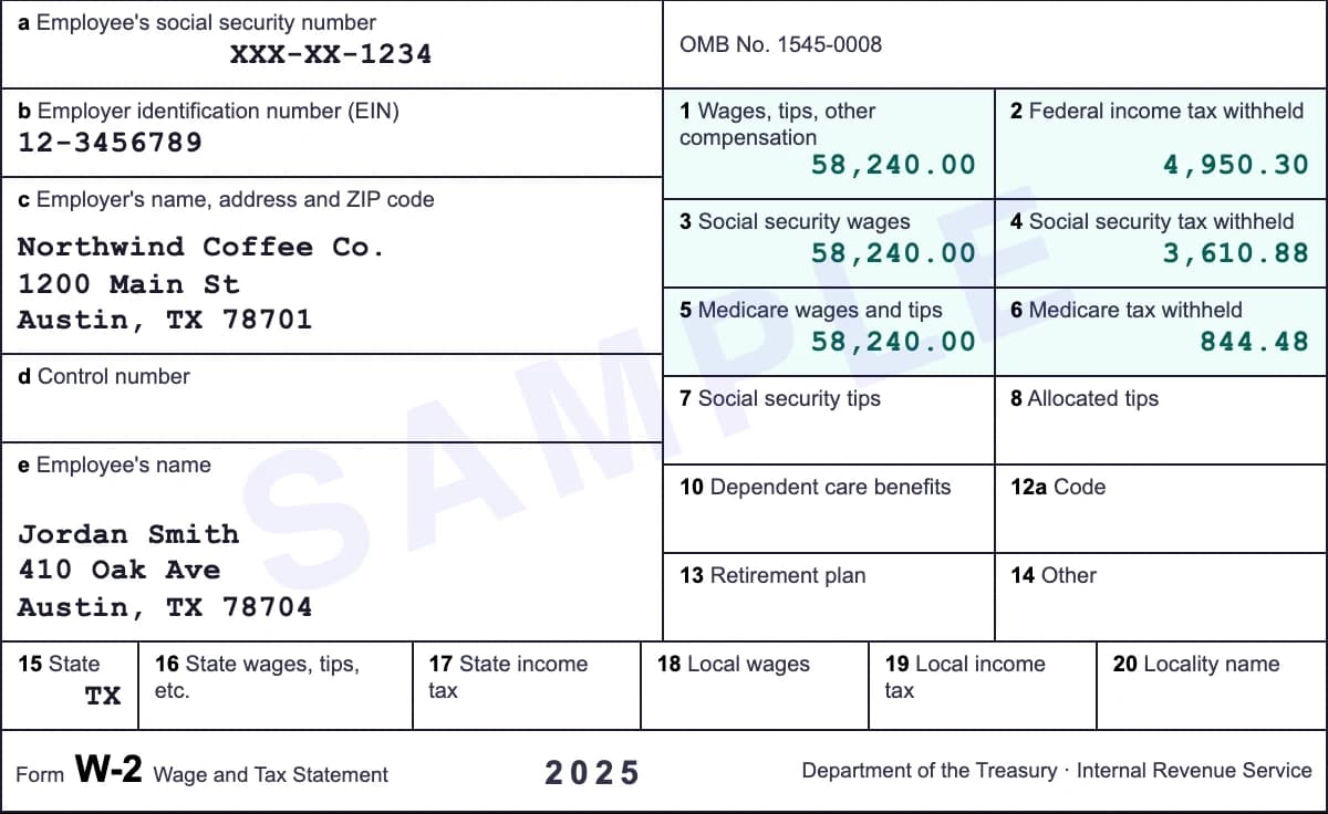 Sample Form W-2 Wage and Tax Statement for tax year 2025 showing $58,240.00 in wages, $4,950.30 federal income tax, $3,610.88 Social Security tax and $844.48 Medicare tax