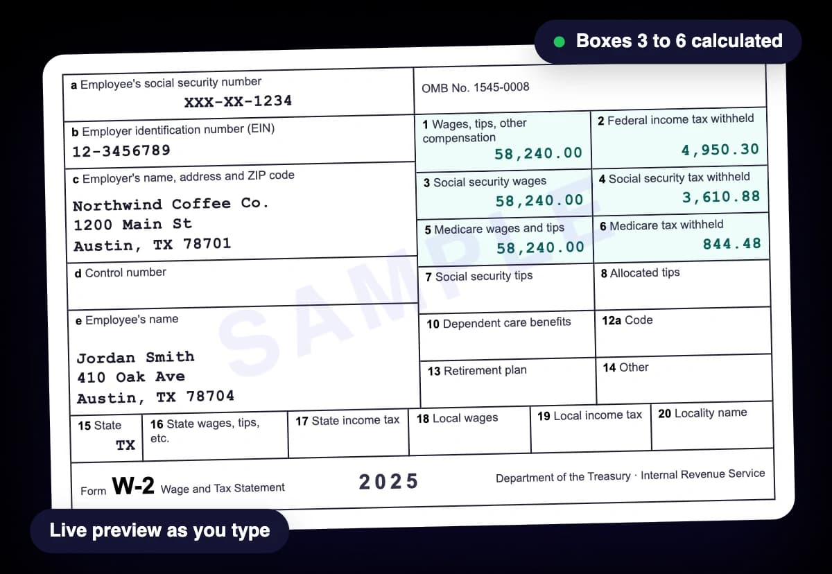 W-2 form preview from the Online Paystub W2 generator with boxes 1 to 6 filled in