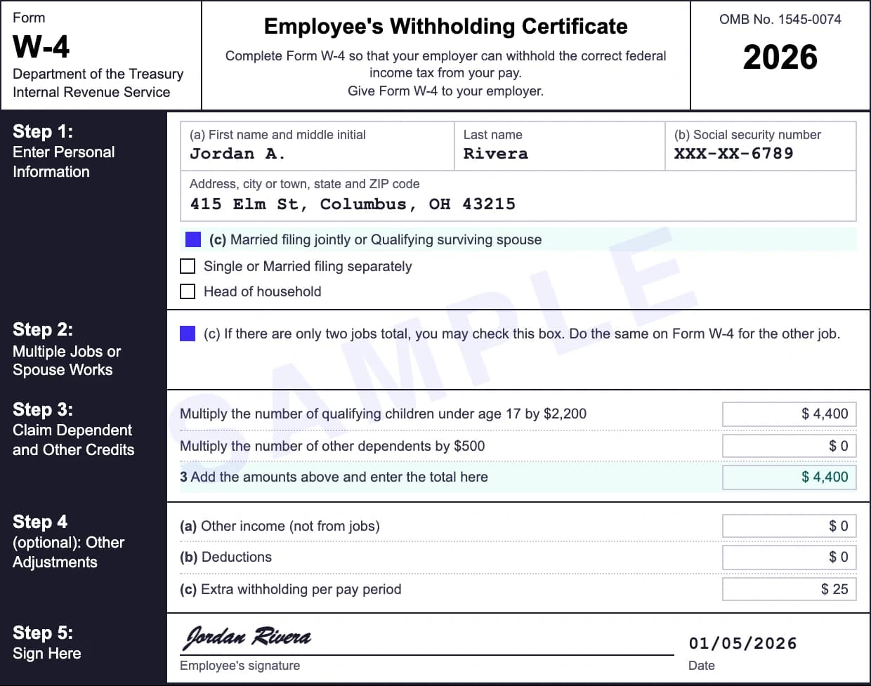 Sample 2026 Form W-4 for an employee in Columbus, Ohio with two children claimed in Step 3 and $25 of extra withholding per pay period in Step 4(c)