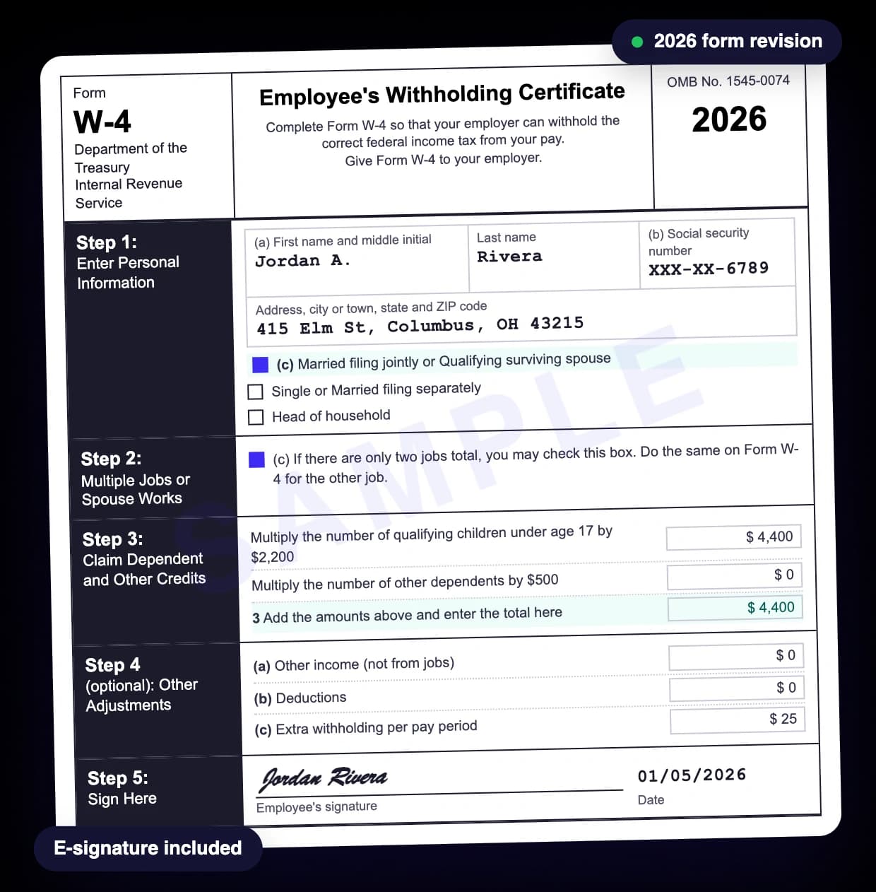 2026 Form W-4 filled in with the Online Paystub W-4 generator: married filing jointly, the Step 2 box checked, $4,400 of credits in Step 3 and an on-screen signature