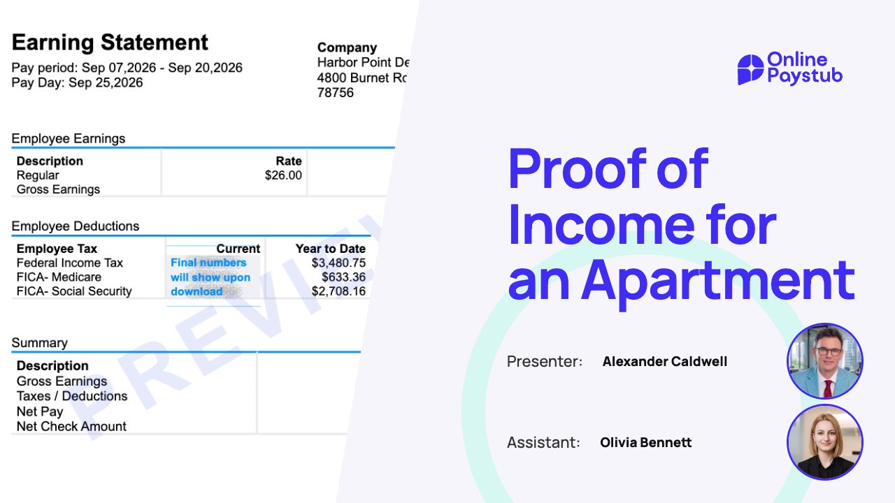 What Is Proof of Income for an Apartment? Sample Online Paystub earnings statement for a renter, presented by Alexander Caldwell with Olivia Bennett