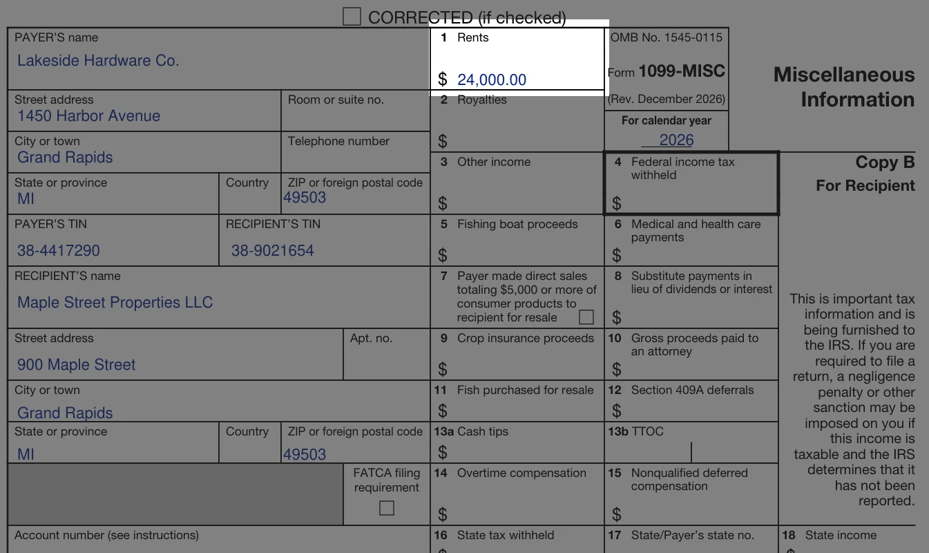 Sample 2026 Form 1099-MISC Copy B from a hardware store to its landlord with $24,000 of rent in Box 1 highlighted