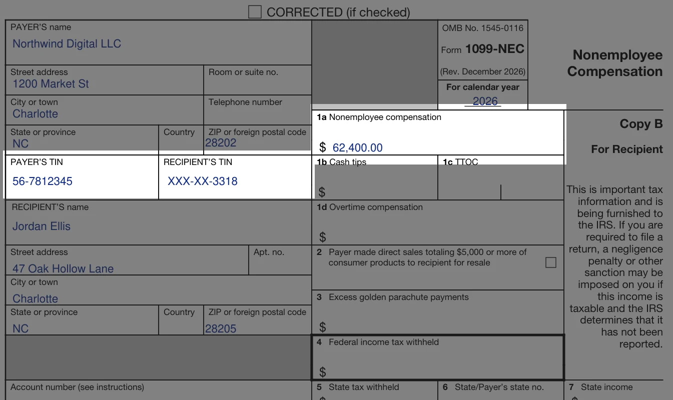 Sample 2026 Form 1099-NEC Copy B with Box 1a nonemployee compensation of $62,400 and the payer and recipient TIN boxes highlighted
