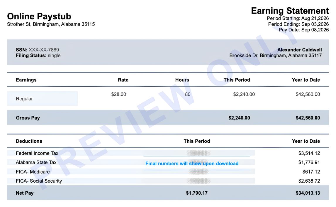 Complete sample pay stub showing header, earnings, deductions and net pay used as proof of income