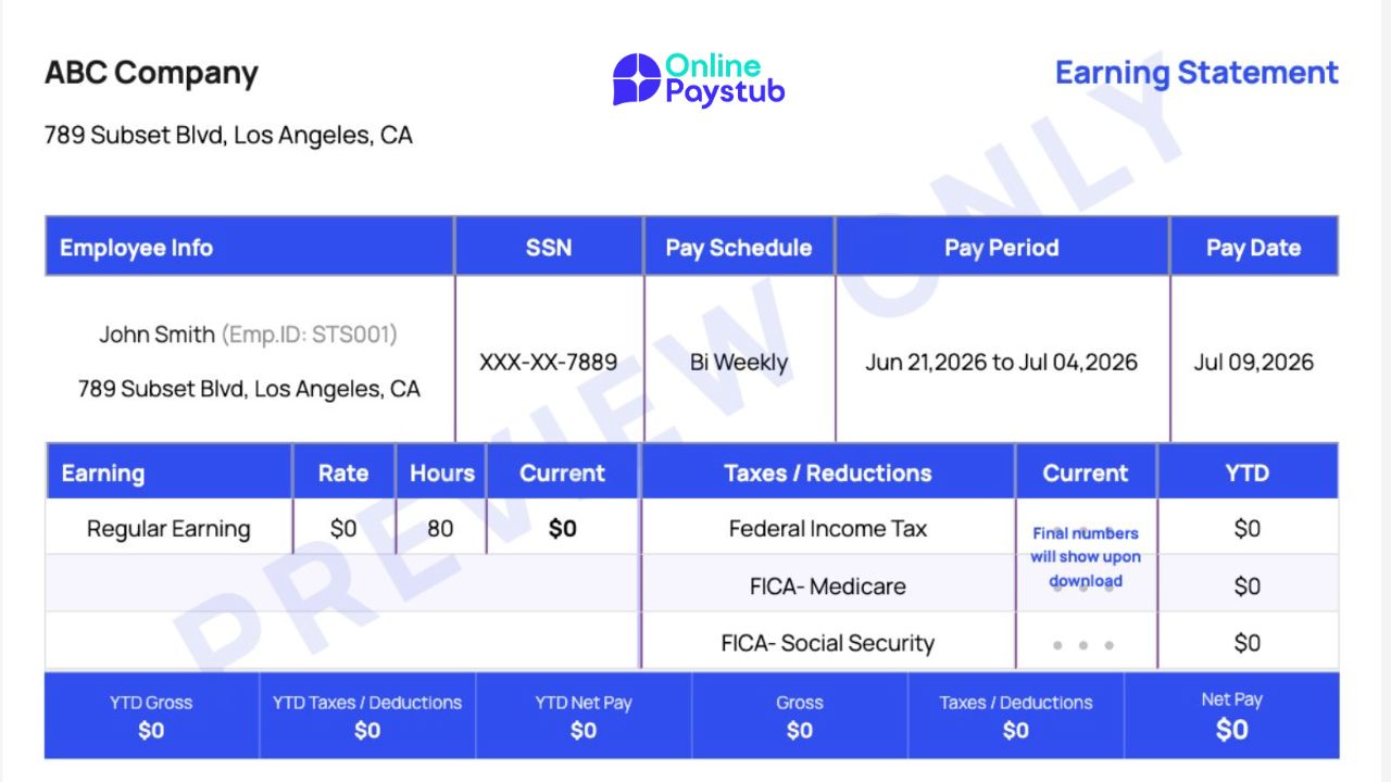 Sample pay stub template showing header, employee info, earnings, taxes and deductions, and summary bar