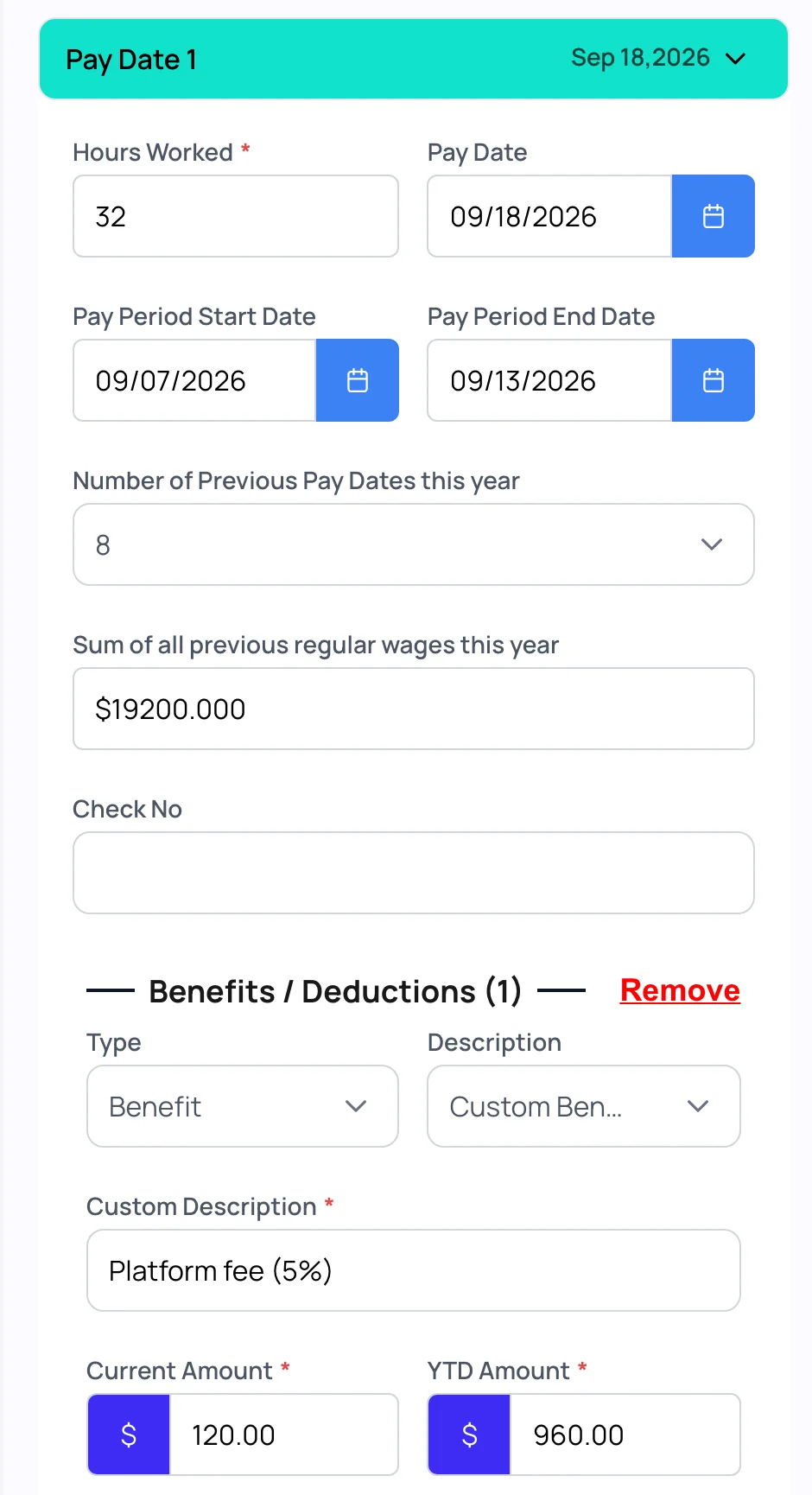 Online Paystub generator pay date panel with 32 hours, pay period dates, previous payments and a custom platform fee deduction of $120