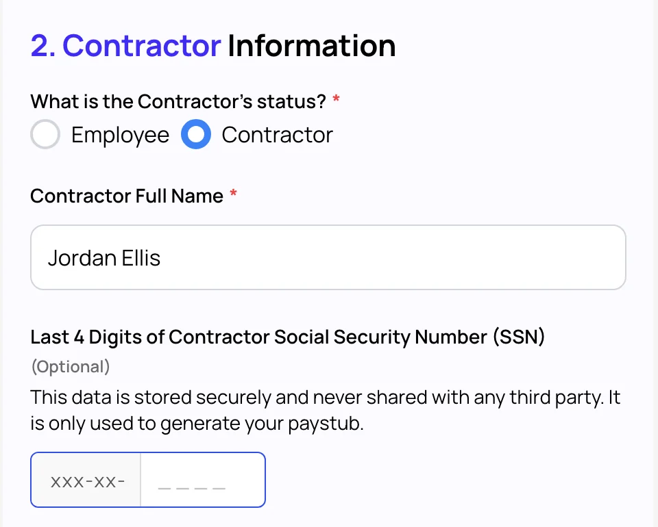 Online Paystub generator Contractor Information step with Contractor selected and the contractor full name entered