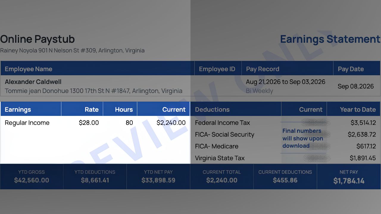 Sample pay stub with the earnings table highlighted, showing regular income, rate, hours and current pay