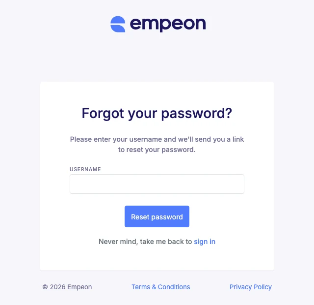 Empeon ESS Hub Forgot your password screen asking for a username and showing the Reset password button