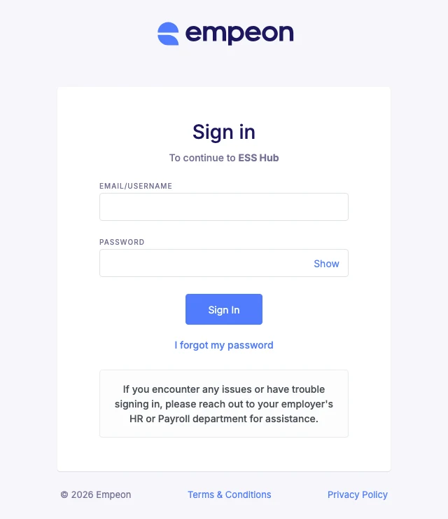 Empeon ESS Hub sign-in screen with Email/Username and Password fields, a Sign In button and the I forgot my password link