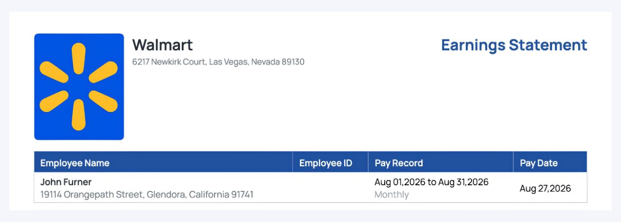Pay stub header showing employer name and address, and employee name, ID and pay date