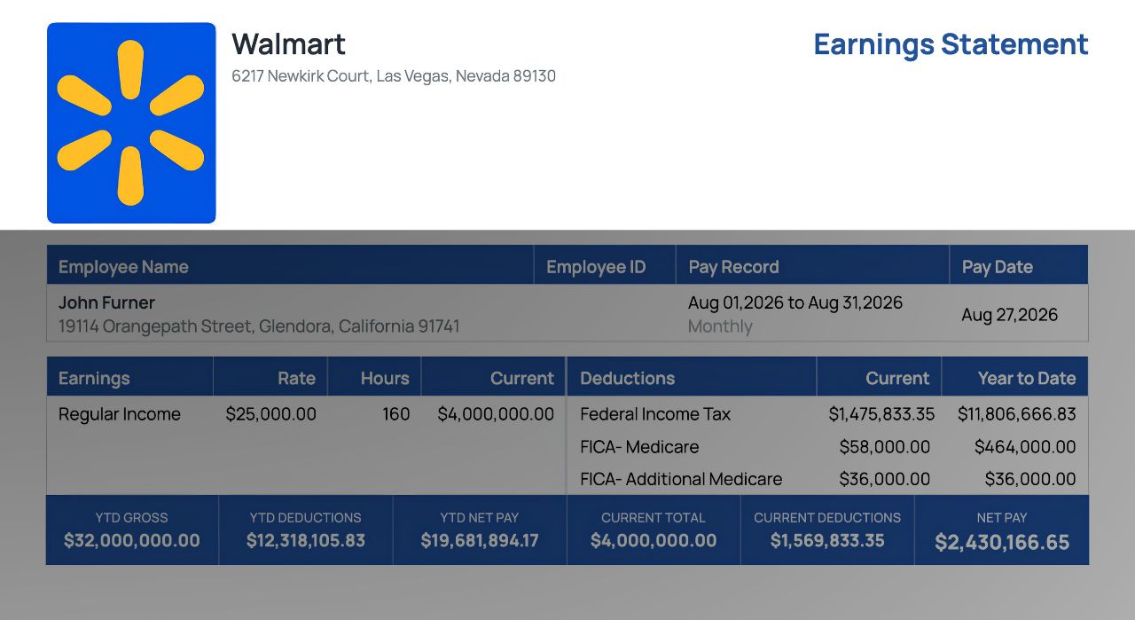 Pay stub header showing employer name and address