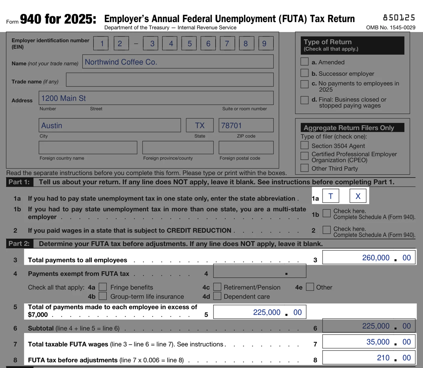 Sample Form 940 Part 2 for a Texas employer with five employees: $260,000 total payments on line 3, $225,000 above the $7,000 limit on line 5, $35,000 taxable FUTA wages on line 7 and $210 FUTA tax on line 8