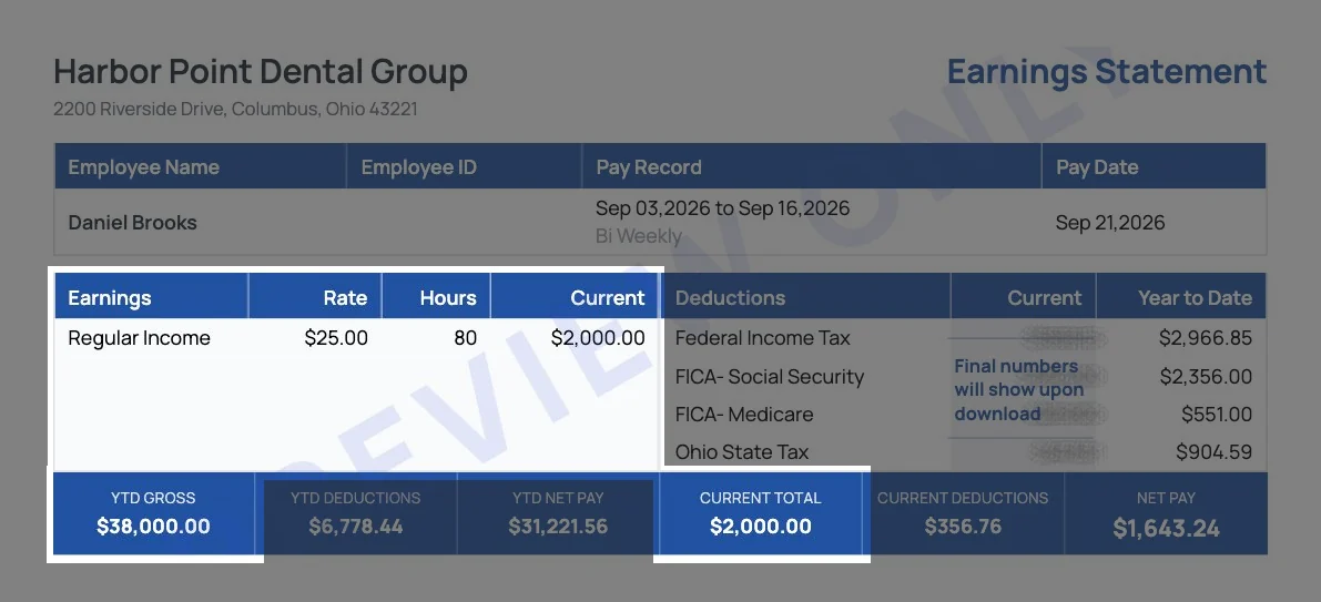 Sample biweekly pay stub for a salaried employee with the earnings section, the $38,000 YTD gross and the $2,000 current total highlighted