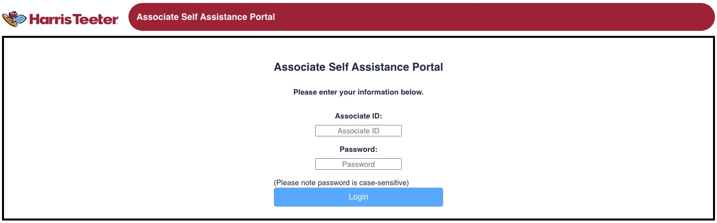 Harris Teeter Associate Self Assistance Portal sign-in page with Associate ID and Password fields and a Login button