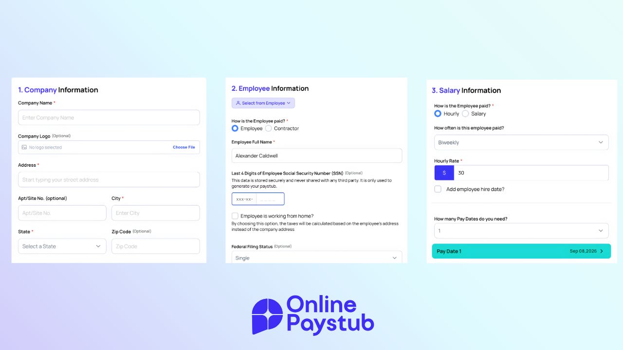 Three-step Online Paystub generator form: company information, employee information and salary information