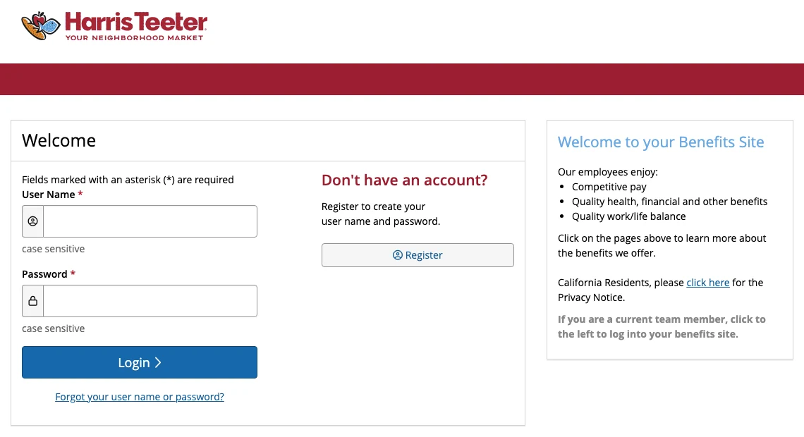 MyHTSpace sign-in page for Harris Teeter with User Name and Password fields, a Login button, the Forgot your user name or password link and a Register button