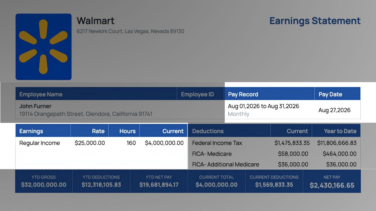 Pay stub earnings and deductions tables showing rate, hours and current pay
