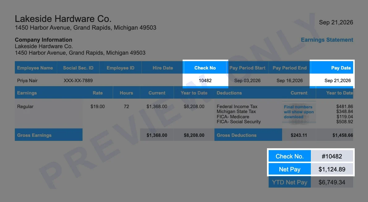 Sample pay stub with the check number 10482, the pay date and the net pay of $1,124.89 highlighted