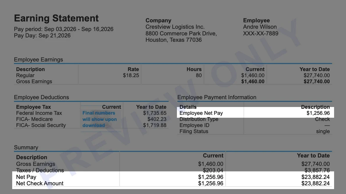 Sample biweekly pay stub for a Texas employee with Employee Net Pay and the Net Pay rows in the summary highlighted at $1,256.96