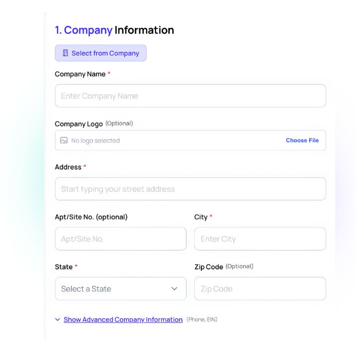 Online Paystub generator step 1: company information form