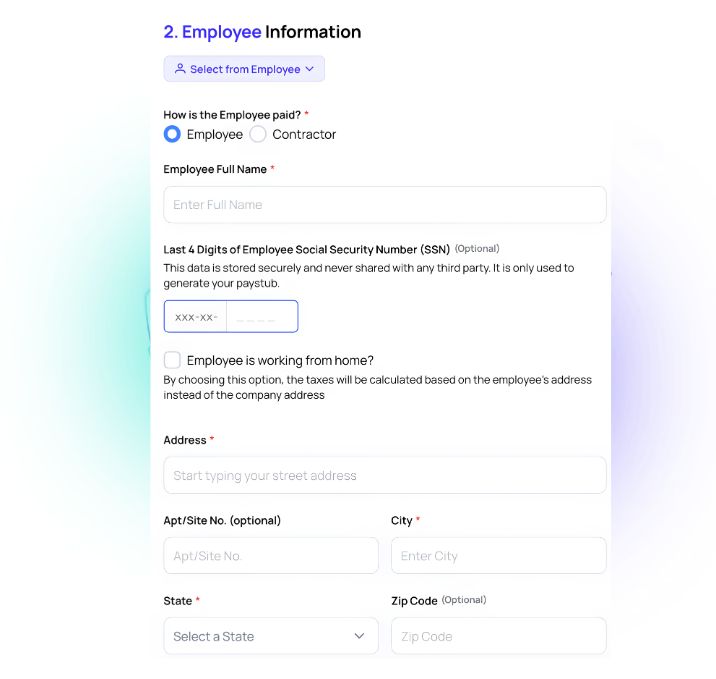 Online Paystub generator step 2: employee information form