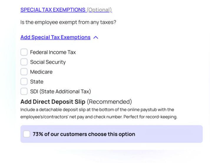 Online Paystub generator step 5: filing status and deductions form