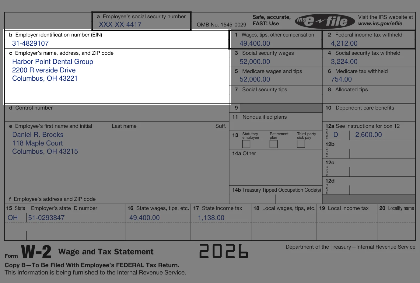 Sample 2026 Form W-2 with box b, the employer identification number and box c, the employer's name and address, highlighted