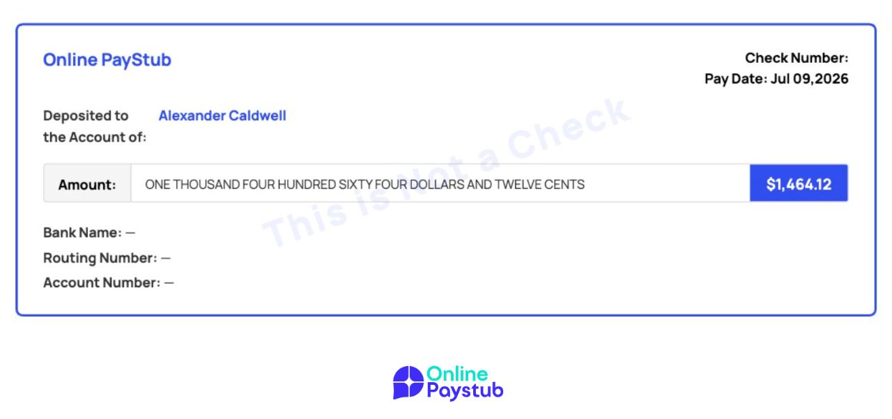 Sample direct deposit slip section showing employer name, pay date, deposit account and amount in words
