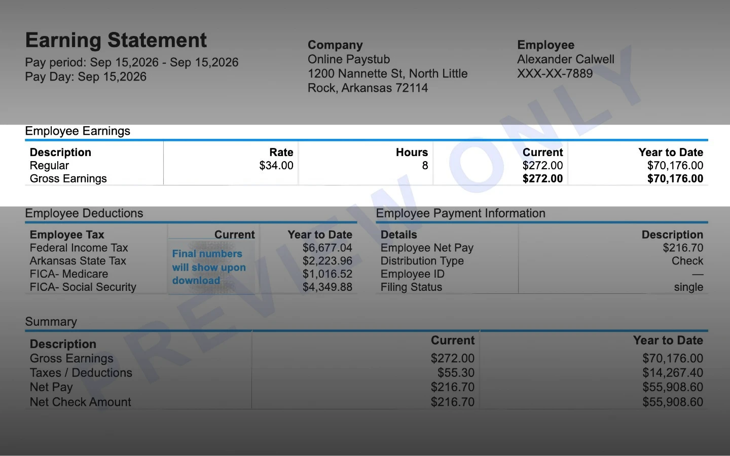 Pay stub earnings statement with the Year to Date column highlighted: $272.00 current gross and $70,176.00 YTD gross