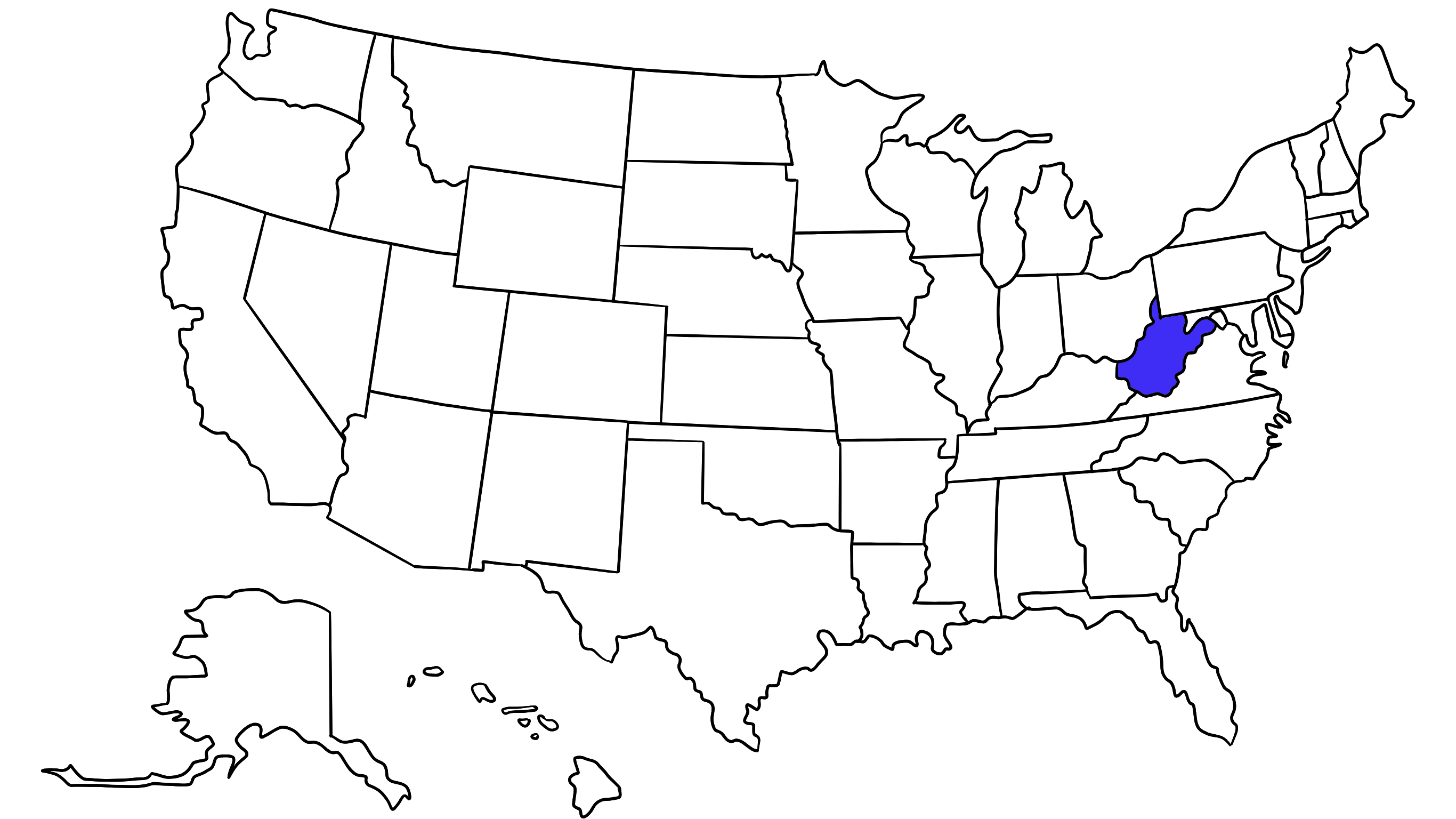 Map of the United States with West Virginia highlighted