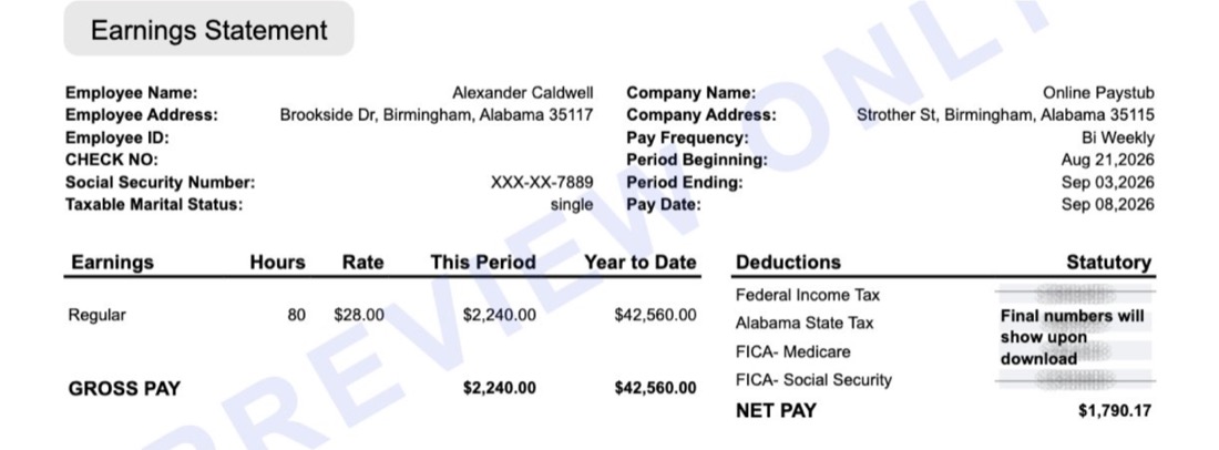 Example Alabama pay stub preview showing earnings, deductions and year-to-date totals