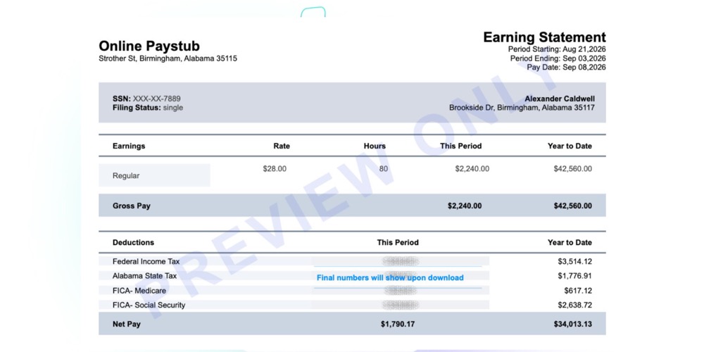 Sample Alabama paystub showing earnings, deductions and year-to-date totals