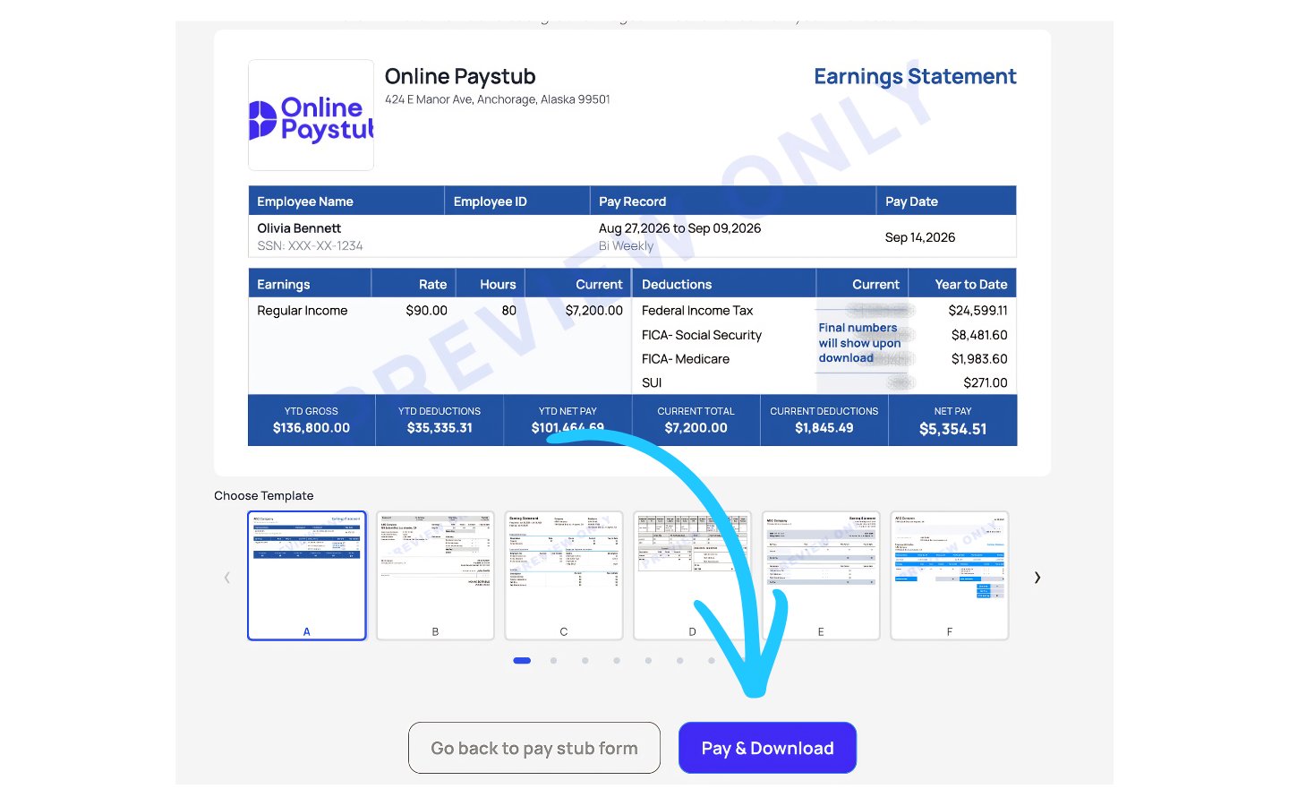 Pay and Download button that turns the approved Alaska pay stub preview into a PDF