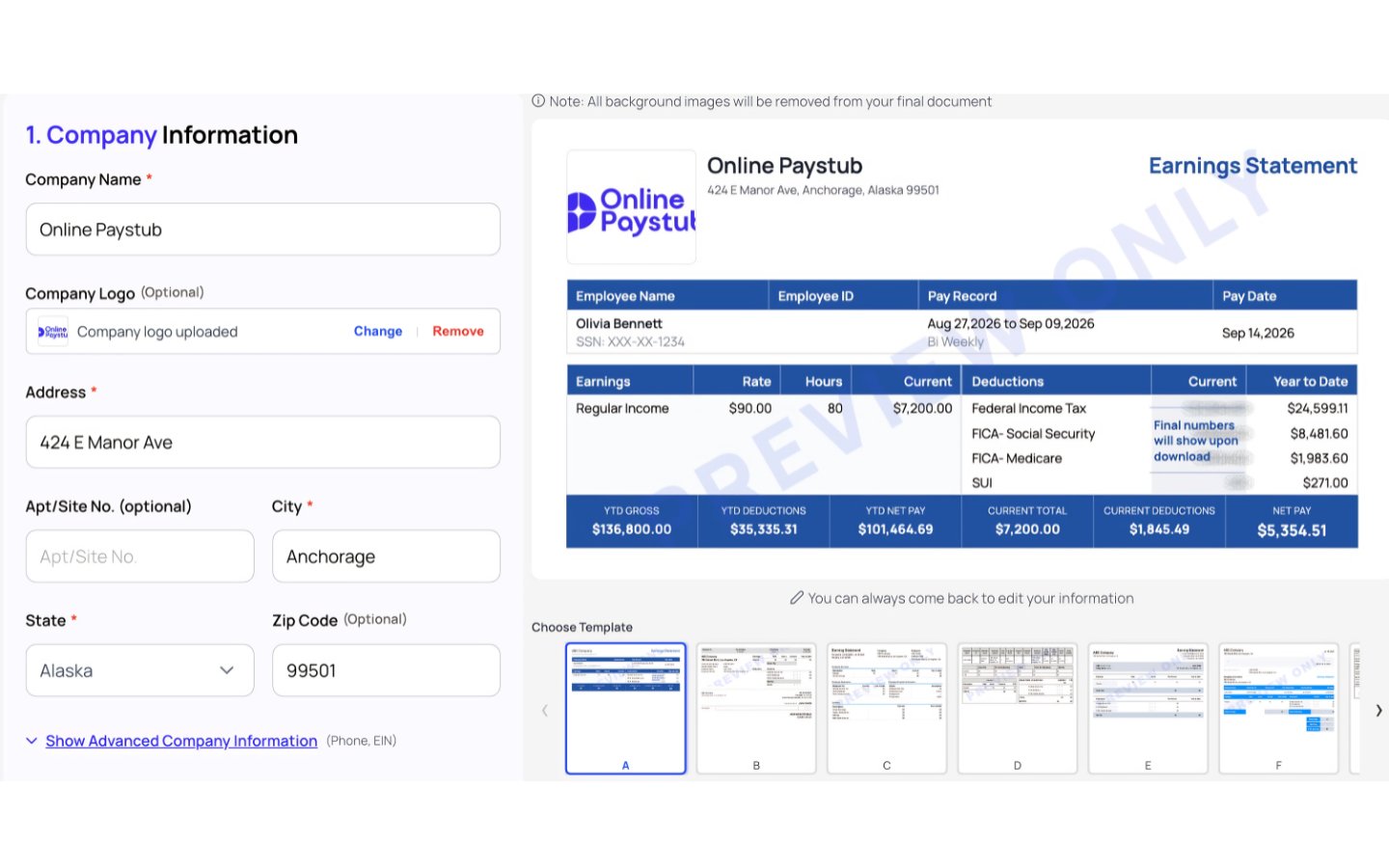 Company information form in the Alaska paystub generator beside a live earnings statement preview