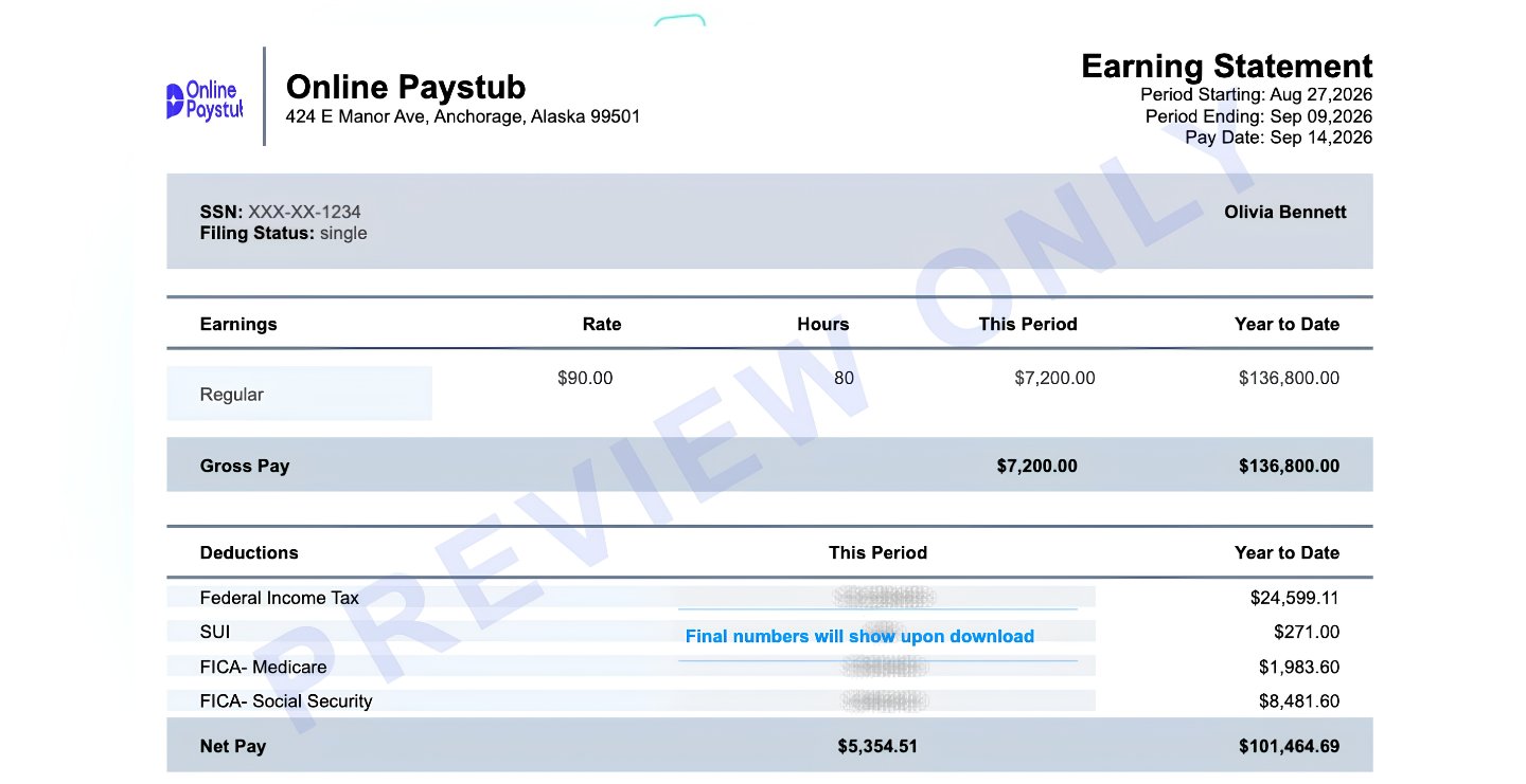 Alaska paystub generator preview of an earnings statement for an Anchorage employee showing earnings, deductions and net pay
