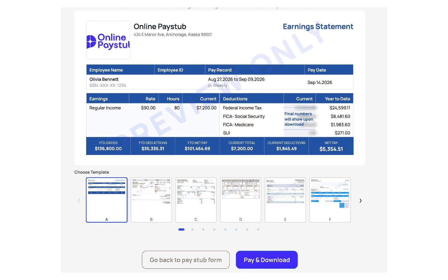 Preview of a finished Alaska pay stub with template options before download