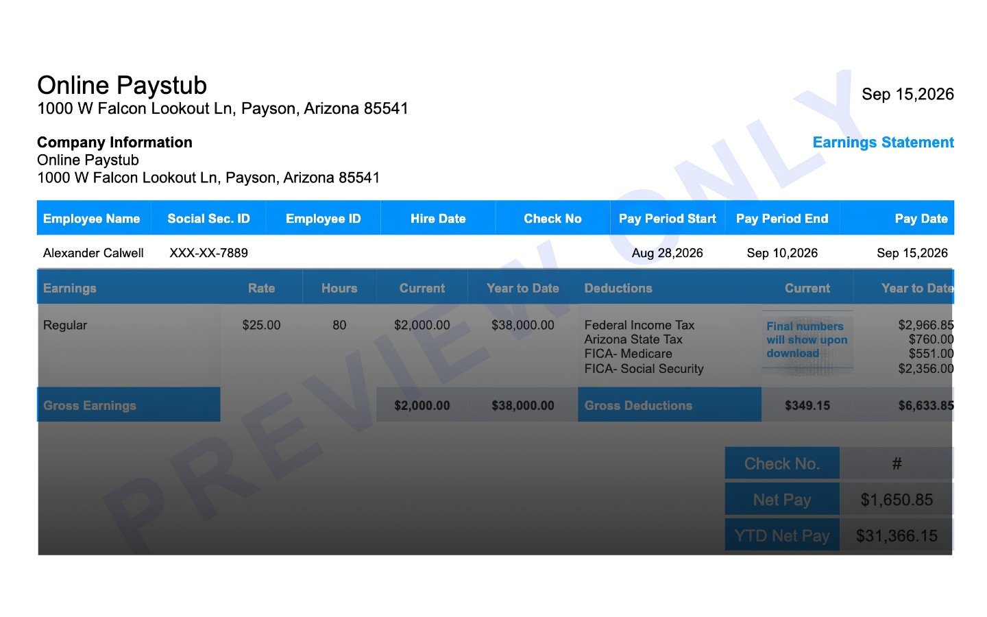 Arizona pay stub preview with the company and employee information section highlighted