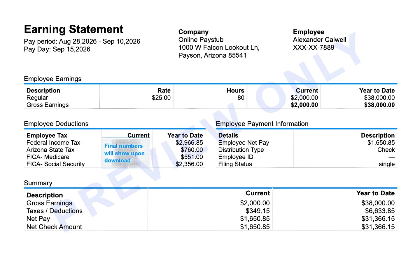Arizona paystub generator earnings statement showing regular earnings, Arizona state tax, FICA deductions and net pay