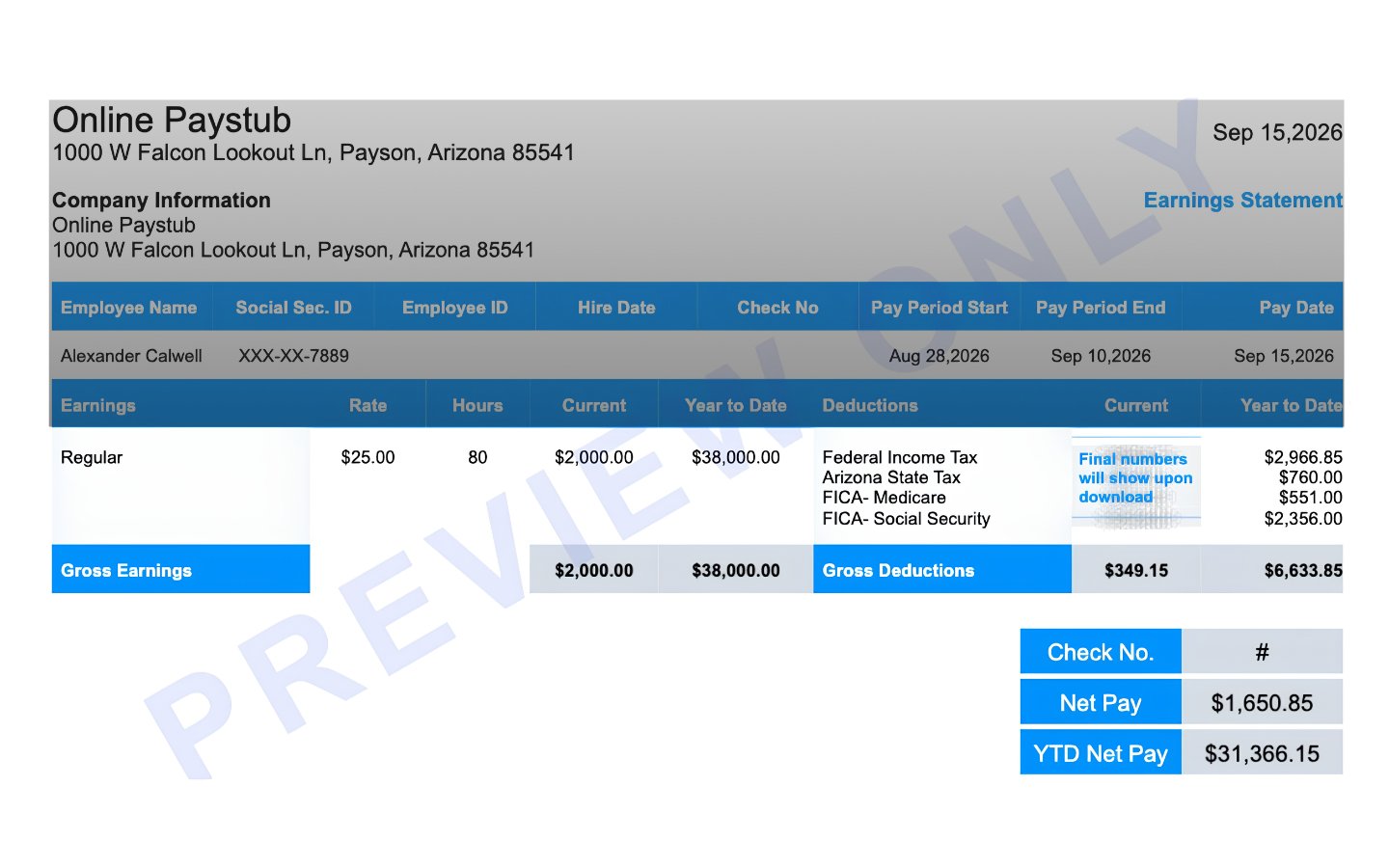 Arizona pay stub preview with the earnings and deductions section highlighted, including Arizona state tax withholding