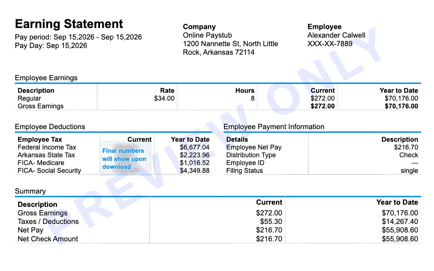 Arkansas paystub generator earnings statement showing employee earnings, deductions, payment information and a year-to-date summary
