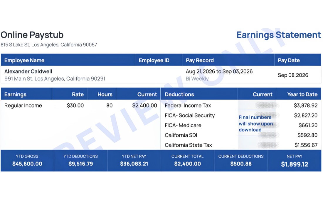 Example California pay stub preview showing earnings, deductions and year-to-date totals