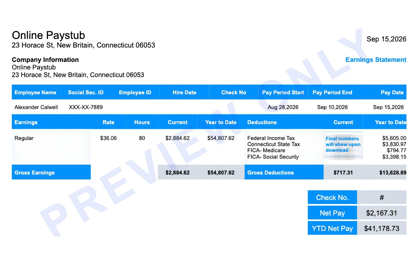 Connecticut paystub generator earnings statement for a New Britain employee showing regular earnings, Connecticut state tax, FICA deductions and net pay