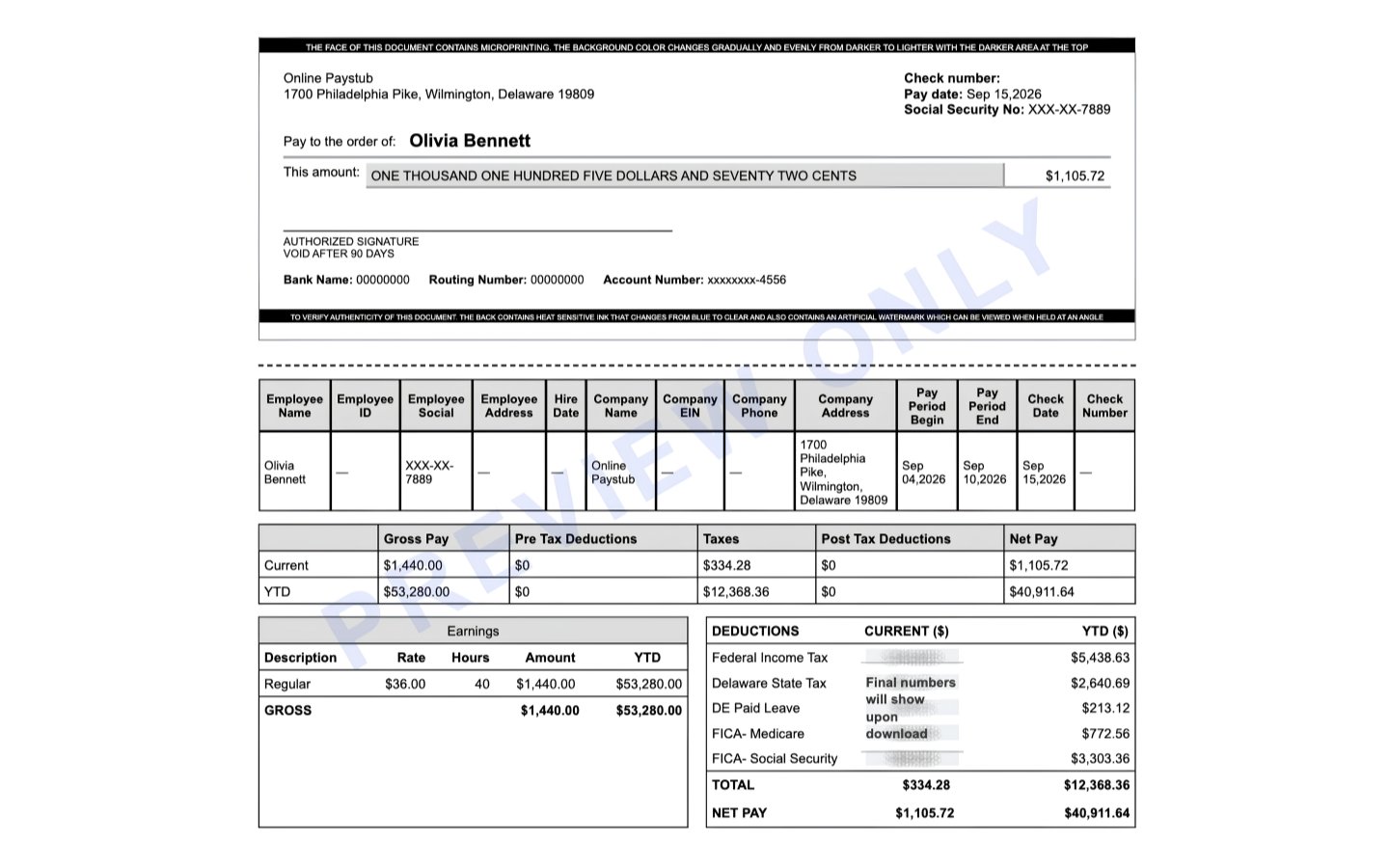 Delaware paystub generator check stub with payment details, a gross-to-net summary, earnings and deductions including Delaware Paid Leave