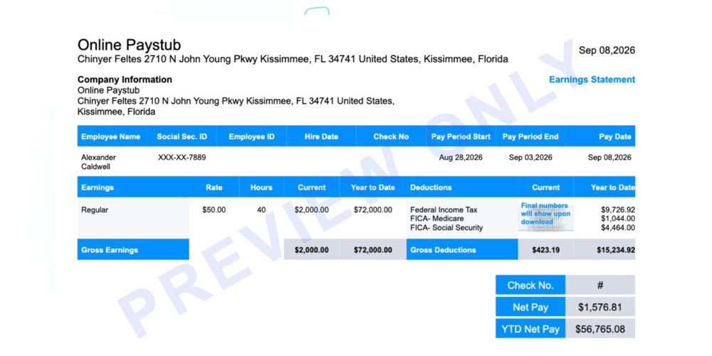 Sample Florida check stub showing earnings, deductions and year-to-date totals
