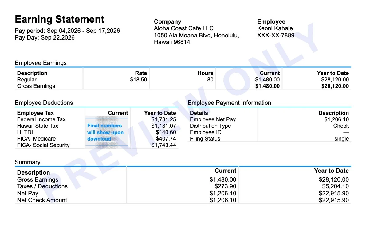 Hawaii paystub generator earning statement for a Honolulu employee with Hawaii state tax, HI TDI, FICA and $1,206.10 net pay